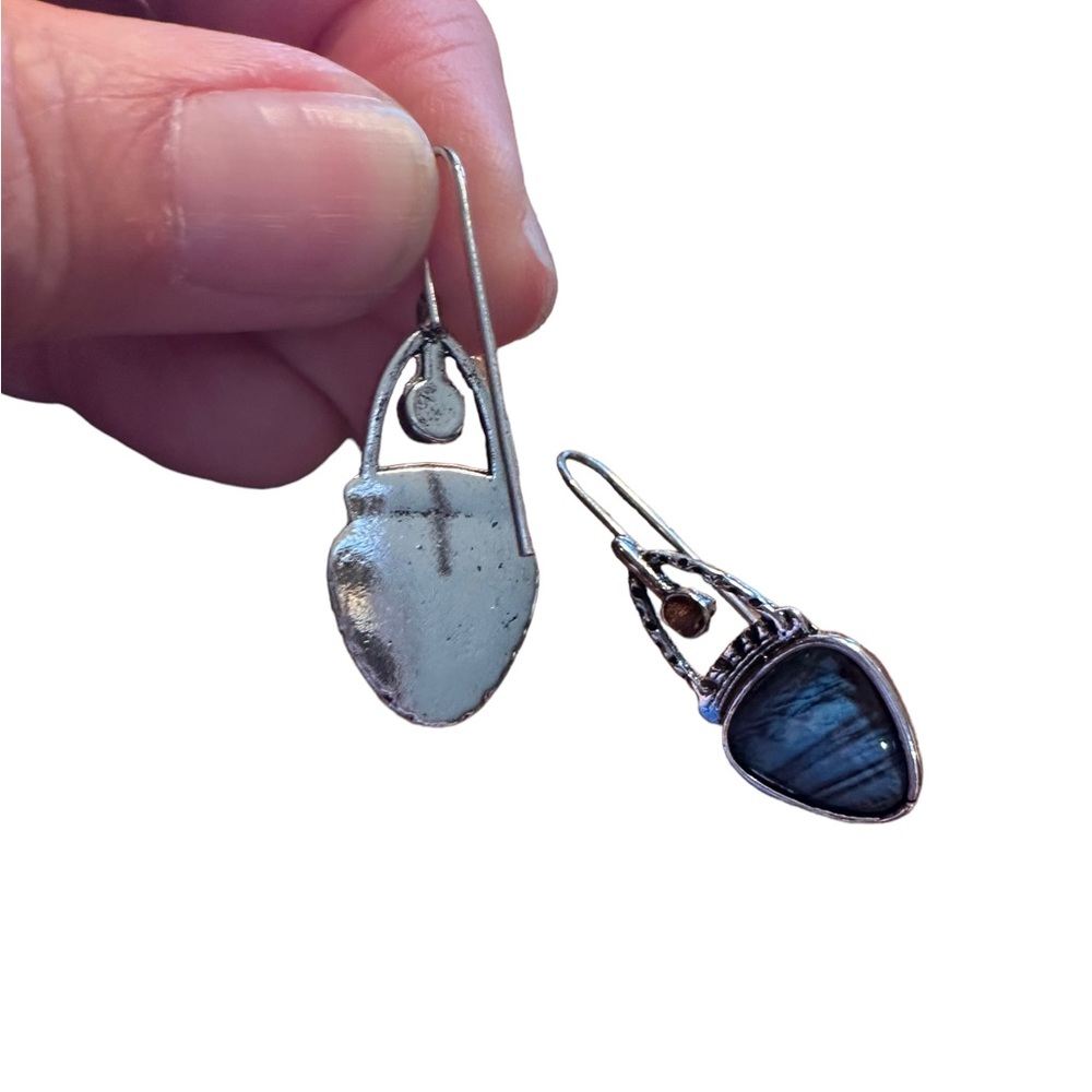 Boho Silver Plated and Blue Geometric Drop Style Earrings - Picture 3 of 5
